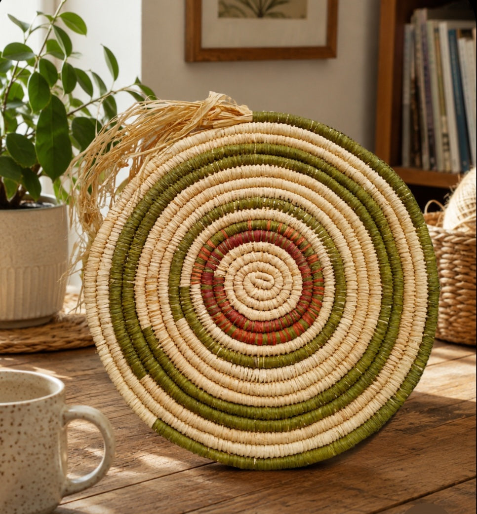 Woven Spiral Circle Wall Hanging — Natural Raffia