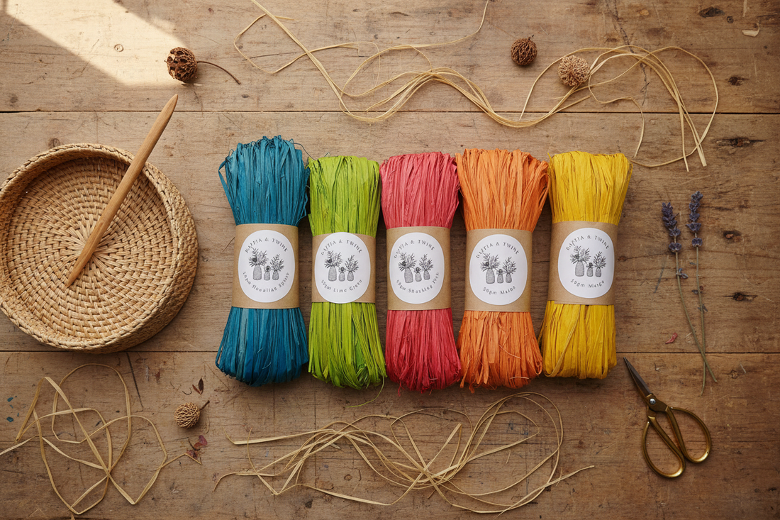 Five vibrant bundles of Bold & Bright hand-dyed raffia in teal, lime green, coral, orange, and yellow, laid flat on a wooden surface with craft accessories